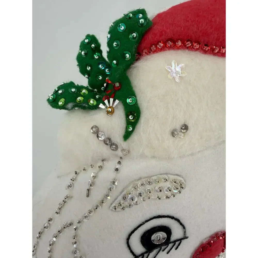 Handmade Santa Face Pillow Door Hanger Beaded Sequined Christmas Decor 14x14